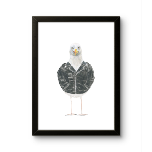 Framed artwork of a seagull wearing a leather jacket on a white background