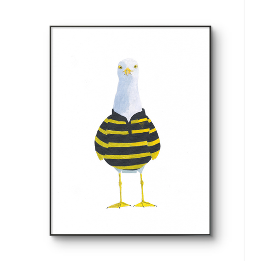 Framed artwork of a seagull wearing a black and yellow striped sweater on a white background