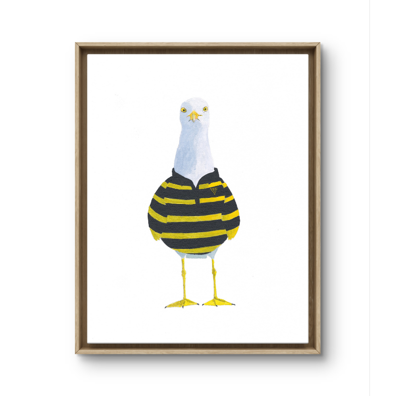 Art print of seagull wearing Cornish black and yellow rugby top