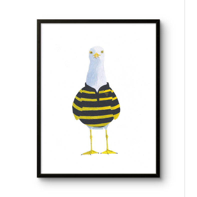 Art print of seagull wearing Cornish black and yellow rugby kit