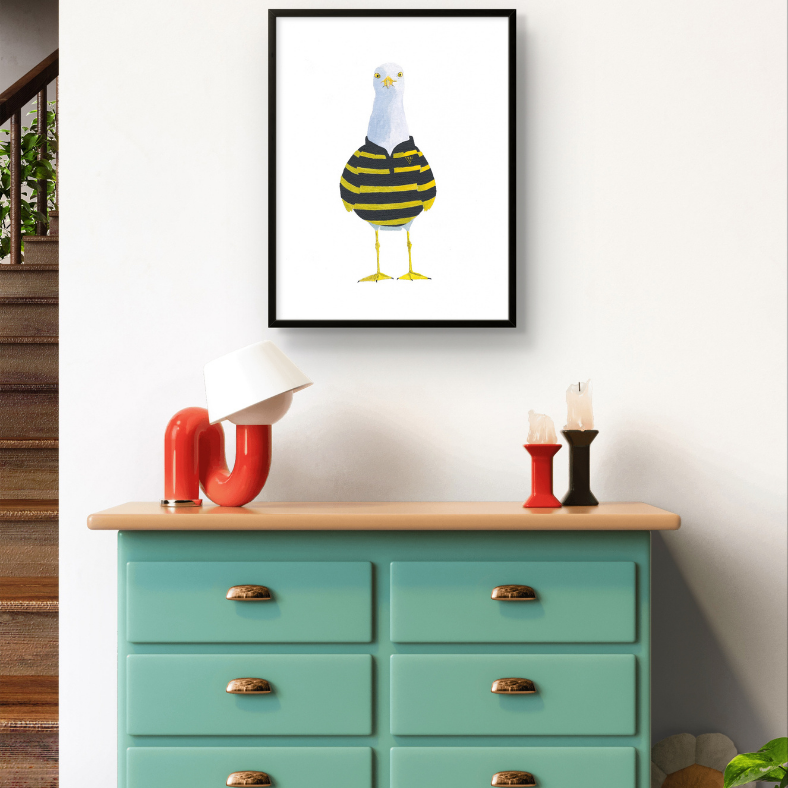Print of Cornish Seagull wearing Cornwall rugby top