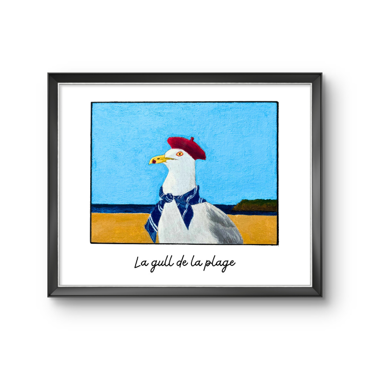 Framed artwork of a seagull with a red hat and blue scarf against a blue sky.