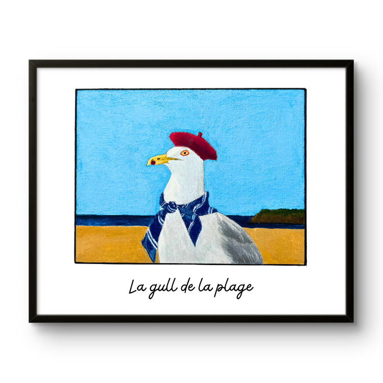 Framed artwork of a seagull wearing a red beret with a blue scarf, set against a beach scene.
