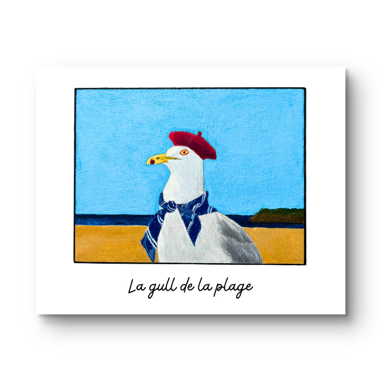 Painting of a seagull with a red beret and blue scarf on a beach.