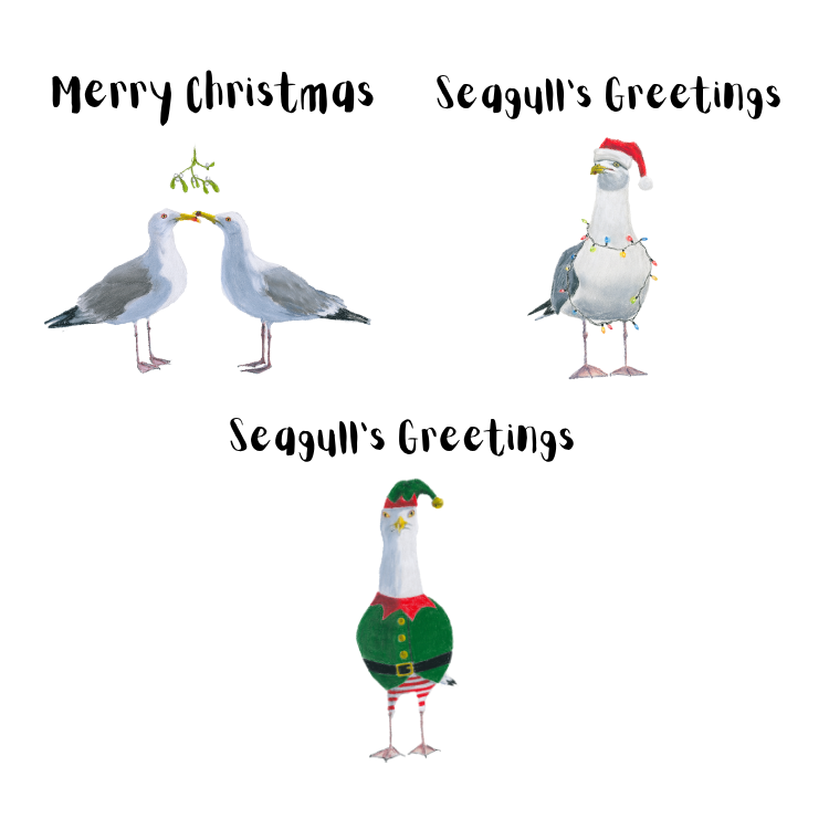 Four seagulls in Christmas-themed outfits on a white background with text.