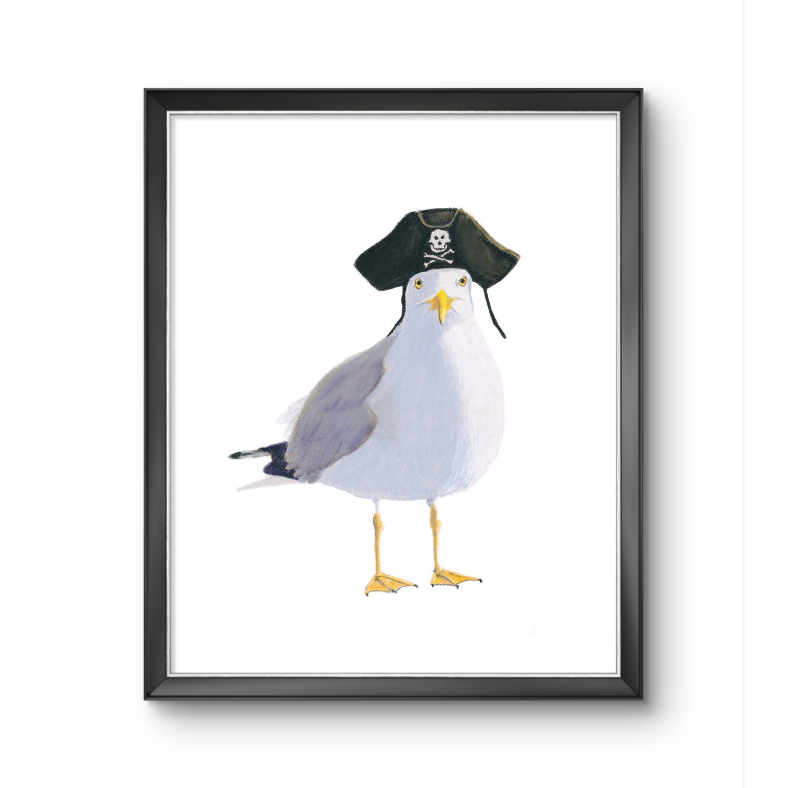 Framed artwork of a seagull wearing a pirate hat on a white background