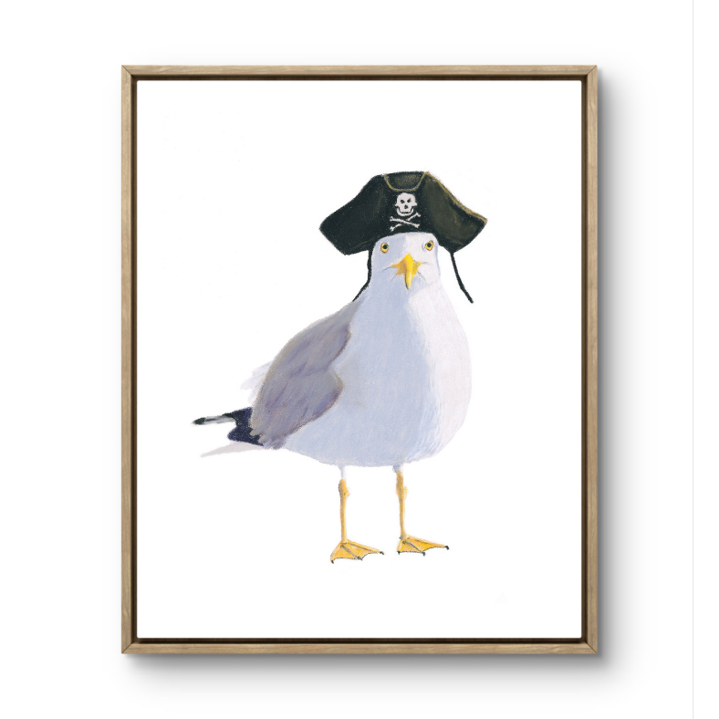 Framed artwork of a seagull wearing a pirate hat on a white background