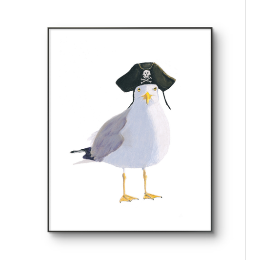 Framed artwork of a seagull wearing a pirate hat on a white background
