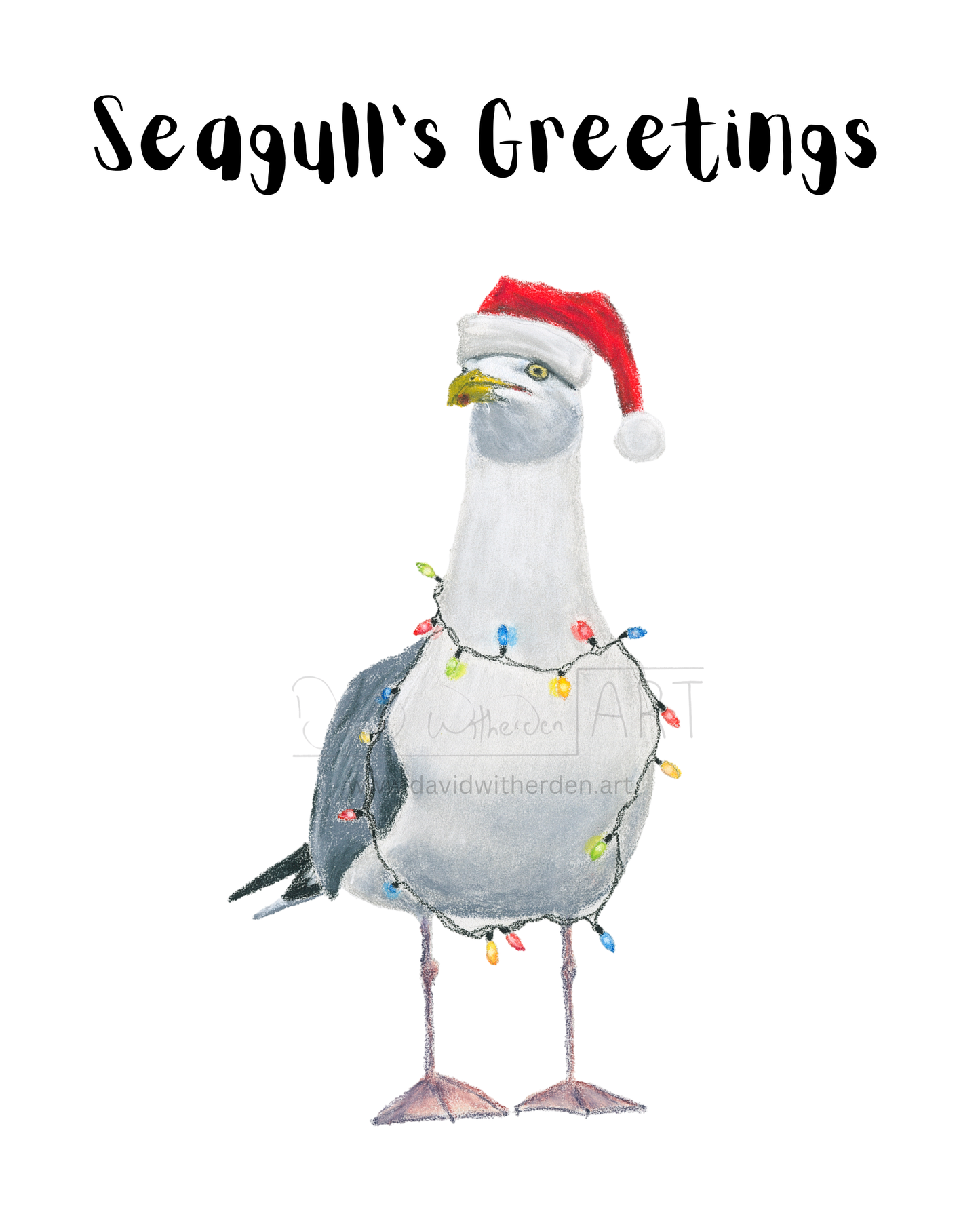 Seagull wearing a Santa hat with Christmas lights on a white background, text 'Seagull's Greetings'.