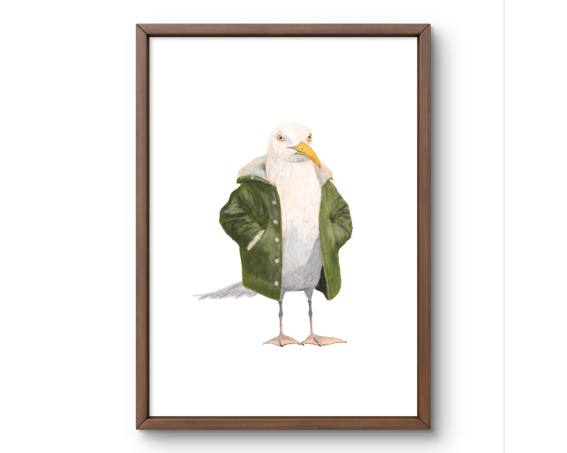 Framed artwork featuring a seagull in jacket print wearing a green coat on white background