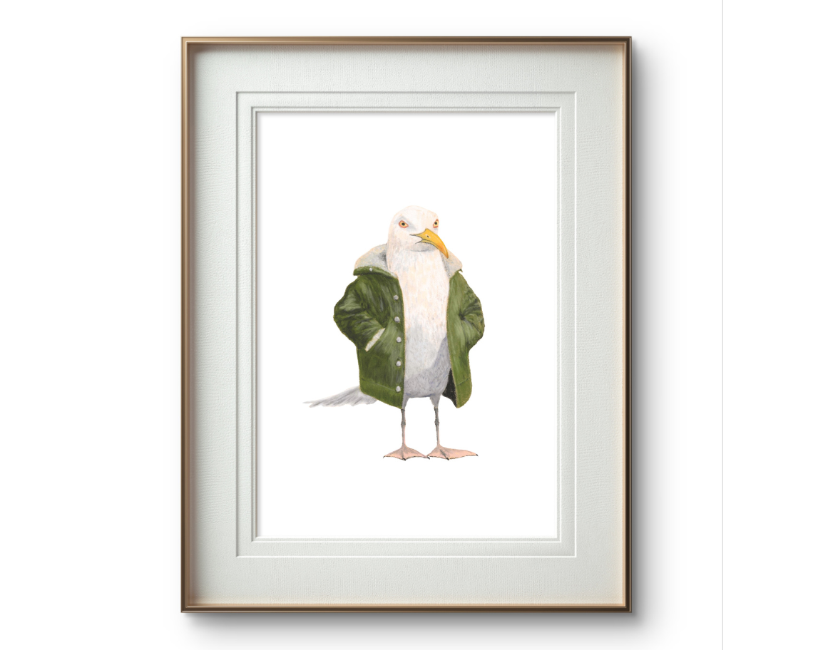 Framed artwork of a seagull in jacket print wearing a green jacket on white background