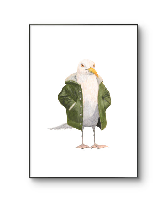 Seagull in jacket print featuring a seagull wearing a green jacket hands in pockets artwork