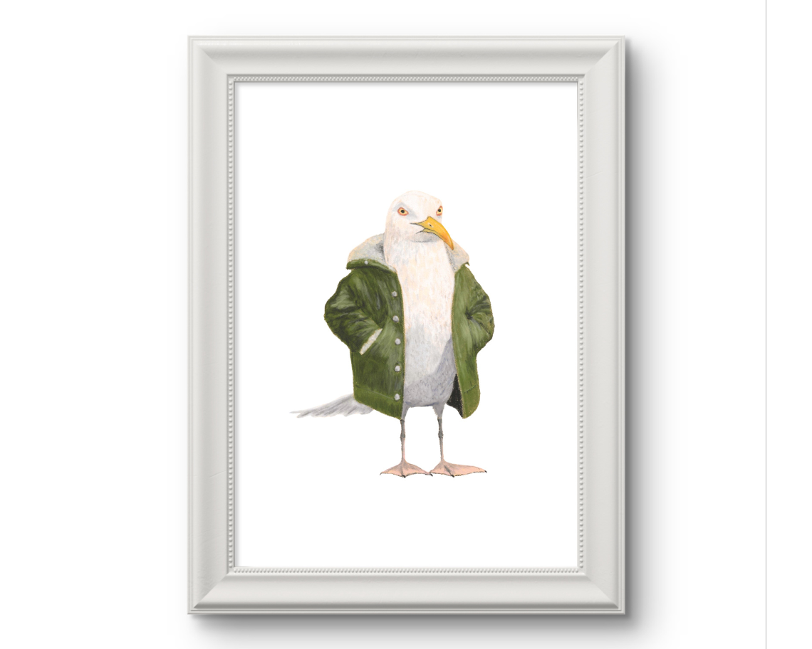 Framed art print of a seagull in jacket print wearing a green jacket on white background